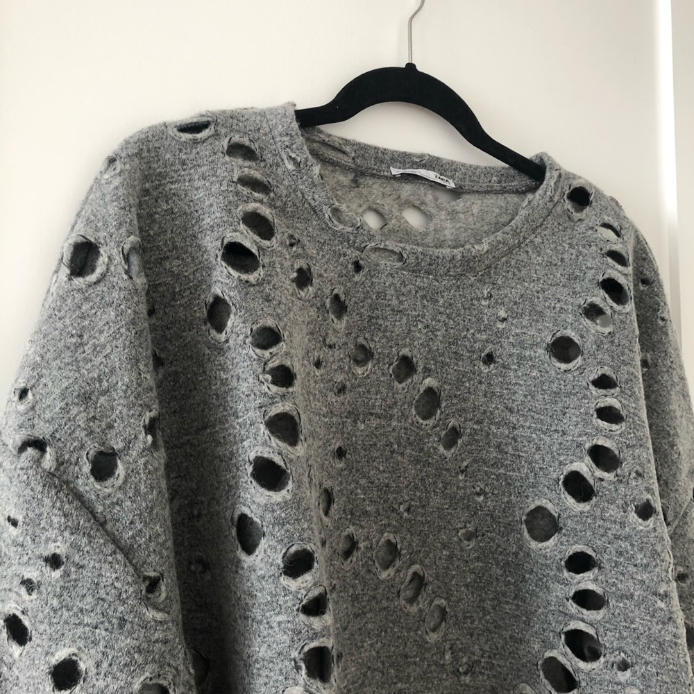 Zara Distressed Grey Hole-Pattern Sweater - Picture 2 of 5